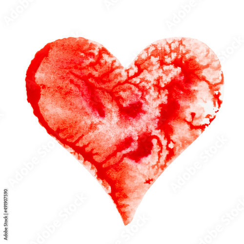 Watercolor painted pink heart, on the white watercolor paper.