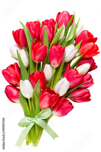 Fototapeta Naklejka Na Ścianę i Meble -  Springt time. Red tulip bouquet on the white wooden background.