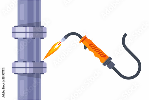 welding machine repairs an iron pipe. flat vector illustration.