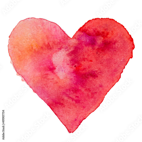 Watercolor painted pink heart, on the white watercolor paper.