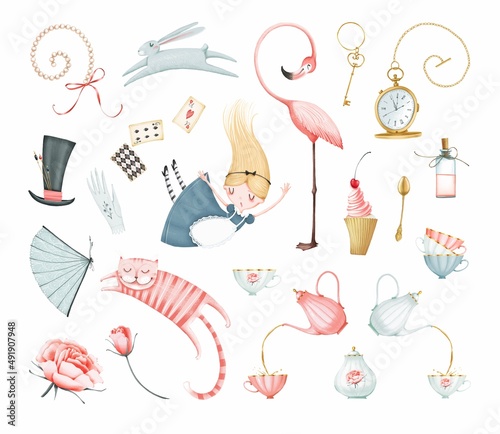 The Wonderland set. Alice girl, cat, rabbit, flamingo, teapot with cups, cake, potion bottle, hat, key, watch, cards. Cute style. Stock illustration. photo