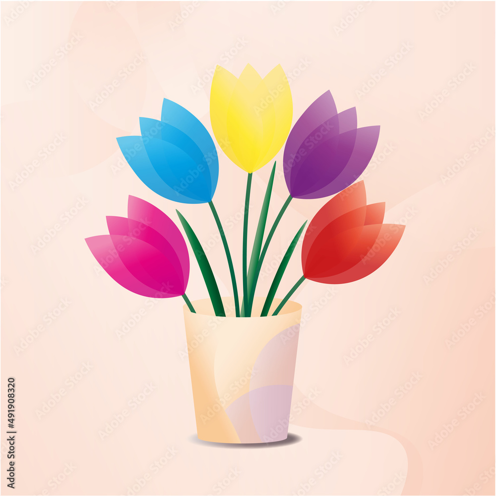 bouquet of colored tulips in a vase on a pale pink background bouquet of colored tulips in a vase on a pale pink background