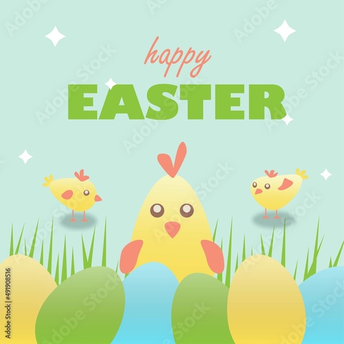 Happy easter yellow chicks with colorfull easter painted eggs on blue natural background with green grass and stars, greeting message, cute font	