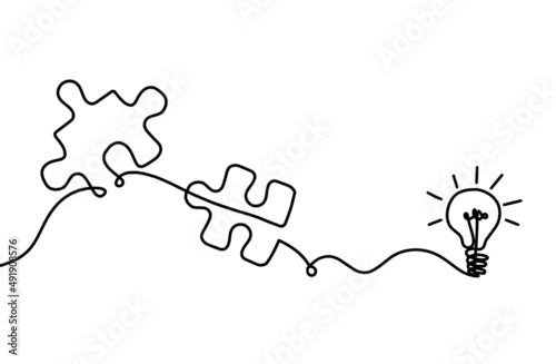 Abstract jigsaw puzzle with light bulb as line drawing on white background