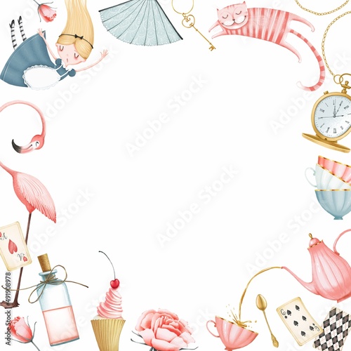 A frame of illustrations of Alice in Wonderland. White background. A square format banner. Cute cartoon style. Stock illustration.