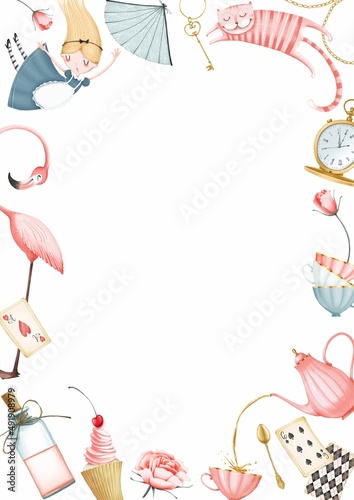 A frame of illustrations of Alice in Wonderland. White background. A vertical format banner. Cute cartoon style. Stock illustration.