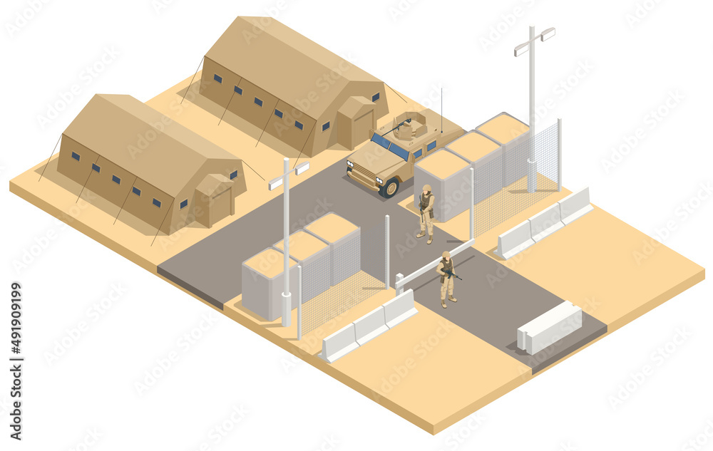 Isometric military army force, base or camp.