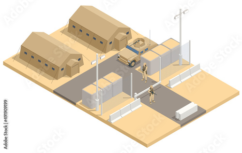 Isometric military army force, base or camp.