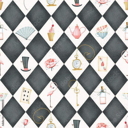 Alice in wonderland seamless pattern on a background of black and white rhombuses. Flamingo, teapot, cups, cake, potion bottle, hat, key, watch, cards. Cute style. Stock illustration.