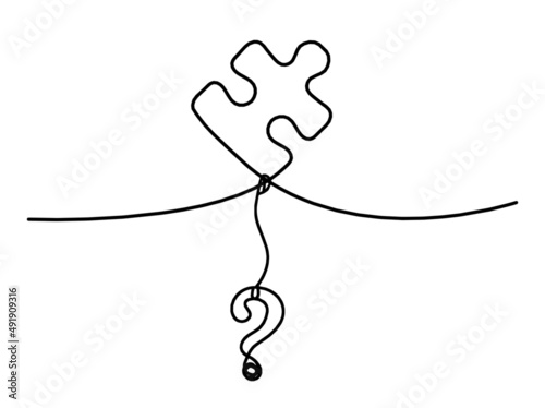 Abstract jigsaw puzzle with question mark as line drawing on white background