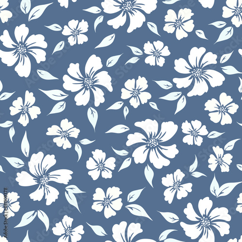 seamless abstract blue floral background with white flowers. Vector floral pattern.