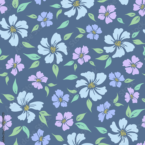 seamless abstract blue floral background with pink. violet and blue flowers. Vector floral pattern.