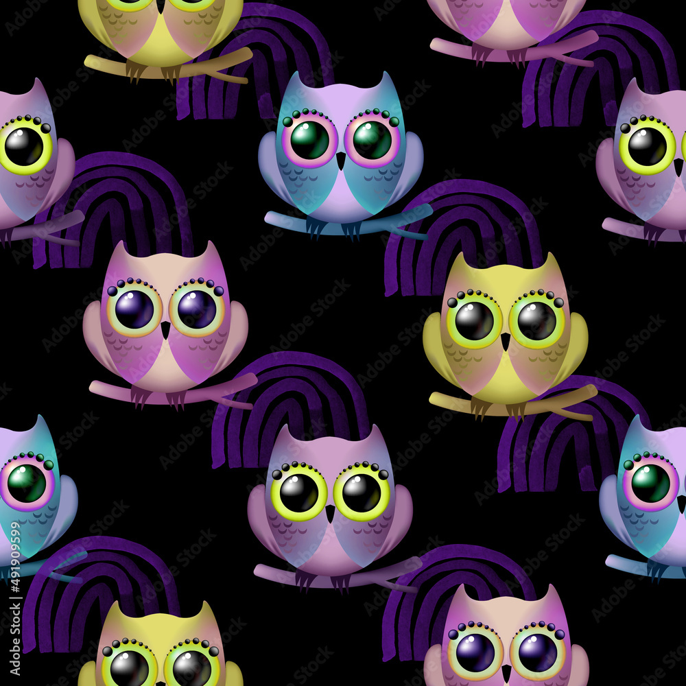 Fototapeta premium Pattern of owls on a black background. Bright colorful birds. Bird pattern set in a flat style. Colorful funny cartoon.