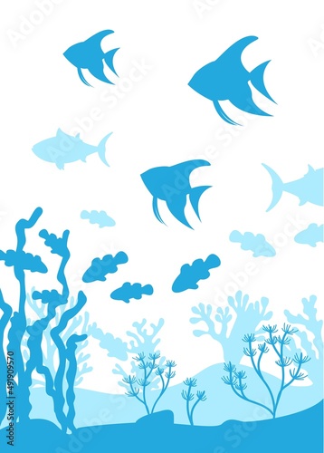 Underwater world silhouette. Fish and algae