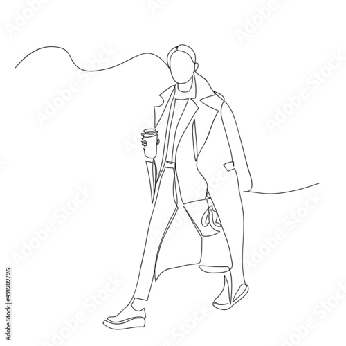 Abstract young woman wearing casual off-season urban clothes and walking streets drinking coffee, hand drawn modern fashion illustration, quick sketch, vector illustration with copyspace 