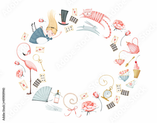 Wonderland oval frame on a white background. Alice girl, cat, rabbit, flamingo, teapot, cups, cake, potion bottle, hat, key, watch, cards. Cute style. Stock illustration.