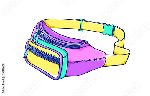 Waist bag illustration. Retro neon colors waist bag. 90s fashion. 90s style vector. 1990s trendy illustration. Nostalgia for the 90s.