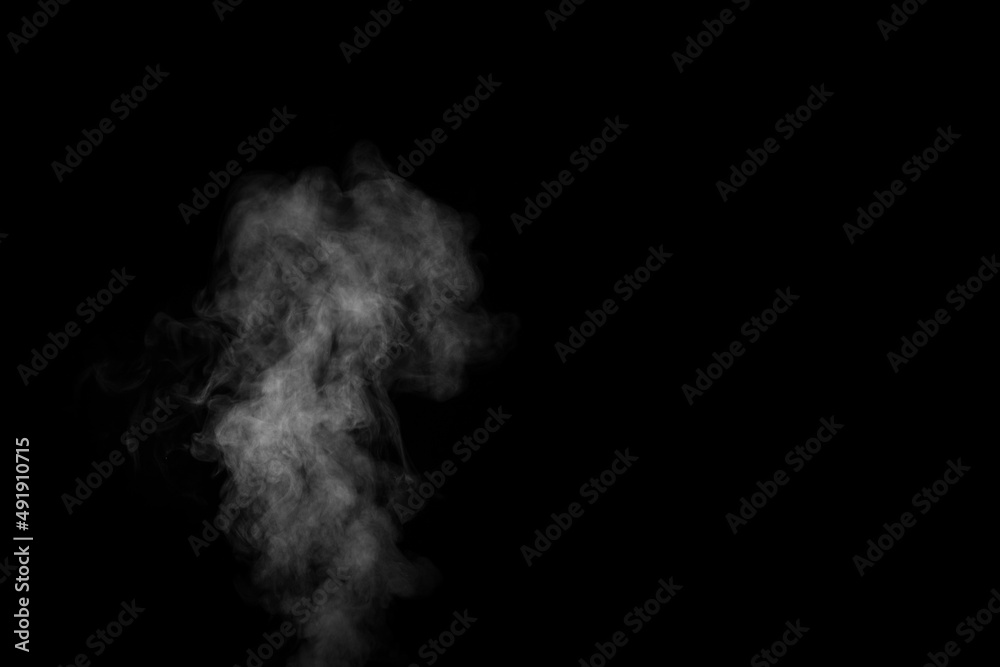 Perfect mystical curly white steam or smoke isolated on black background. Abstract background fog or smog Perfect mystical curly white steam or smoke isolated on black background. Abstract background fog or smog