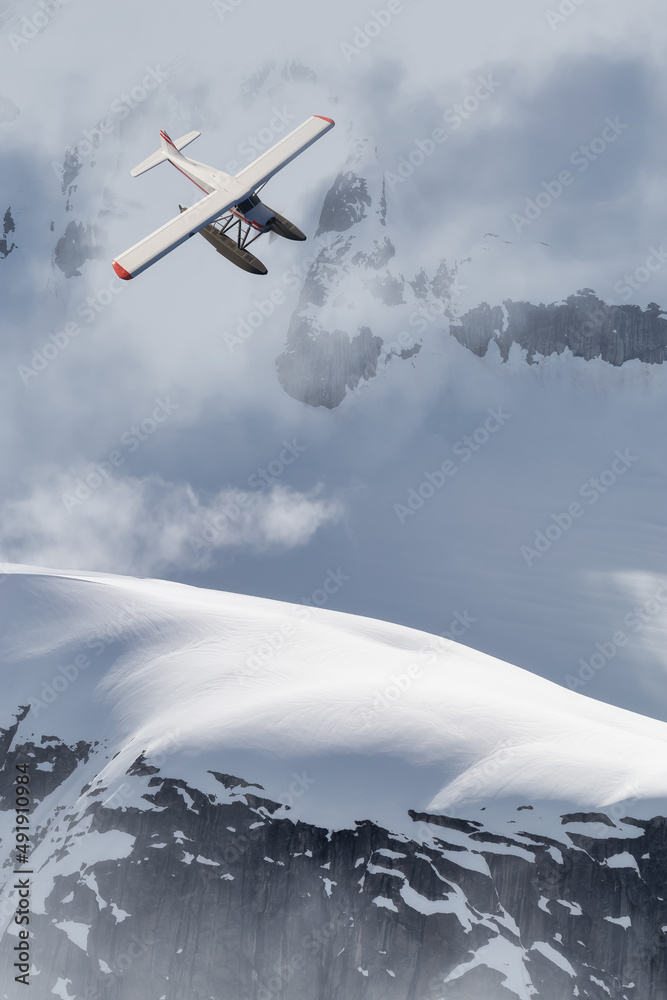 Naklejka premium View of Canadian Mountain Landscape with Seaplane Flying. Dramatic Cloudy Sky Art Render. 3d rendering Airplane. Aerial Background image from British Columbia, Canada. Adventure Travel Concept
