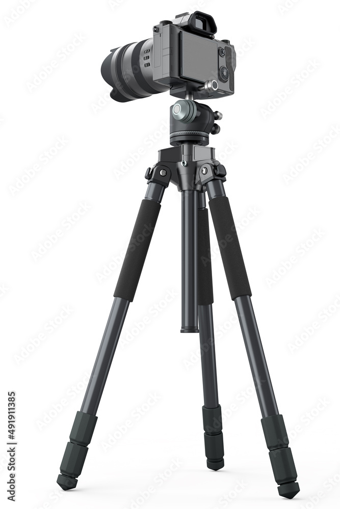 Photo and video tripod with nonexistent DSLR camera on isolated on white