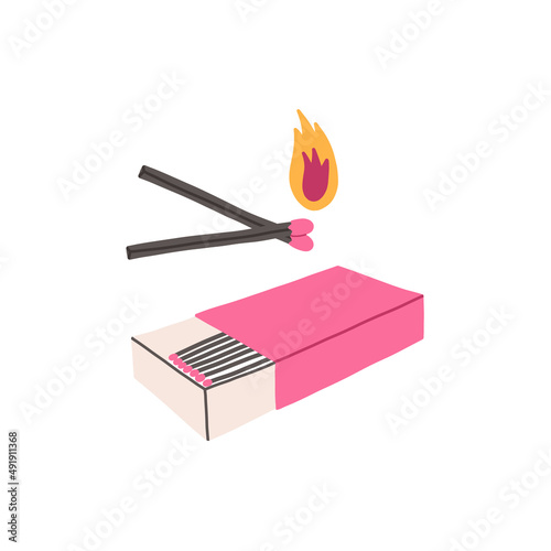 Hand drawn matchbox with burning matches in shape of heart, flat vector illustration isolated on white background. Matchbook and matchsticks.