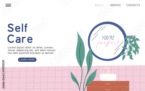 Self care landing page template with mirror in bathroom and you are perfect text, flat vector illustration. Self love, body positive and psychological help concepts.