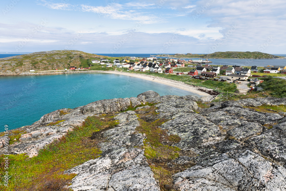 View of the fishing village Bugoynes (Pykeija), Varangerfjord, Norway