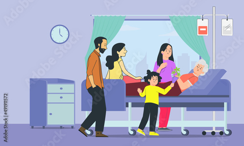 Family visit with cute baby holding flowers to grandmother in hospital bed. Flat vector illustration