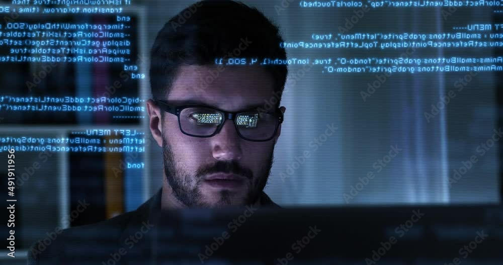 Young Caucasian Man using Computer with Futuristic Computer Code Preview, Computer Engineer Programmer Typing Code Hacking, Internet Digital Technology Concept. Holographic Animation, AR. Young Caucasian Man using Computer with Futuristic Computer Code Preview, Computer Engineer Programmer Typing Code Hacking, Internet Digital Technology Concept. Holographic Animation, AR.