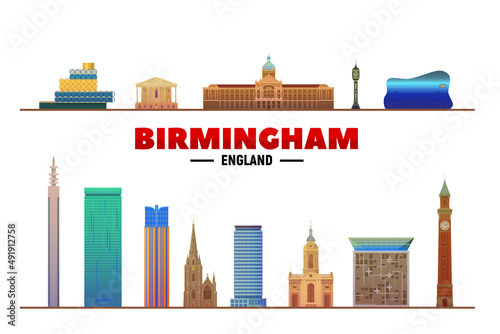 Birmingham  England  city famous landmarks vector at white background. Flat vector illustration. Business travel and tourism concept with modern buildings. Image for banner or web site.