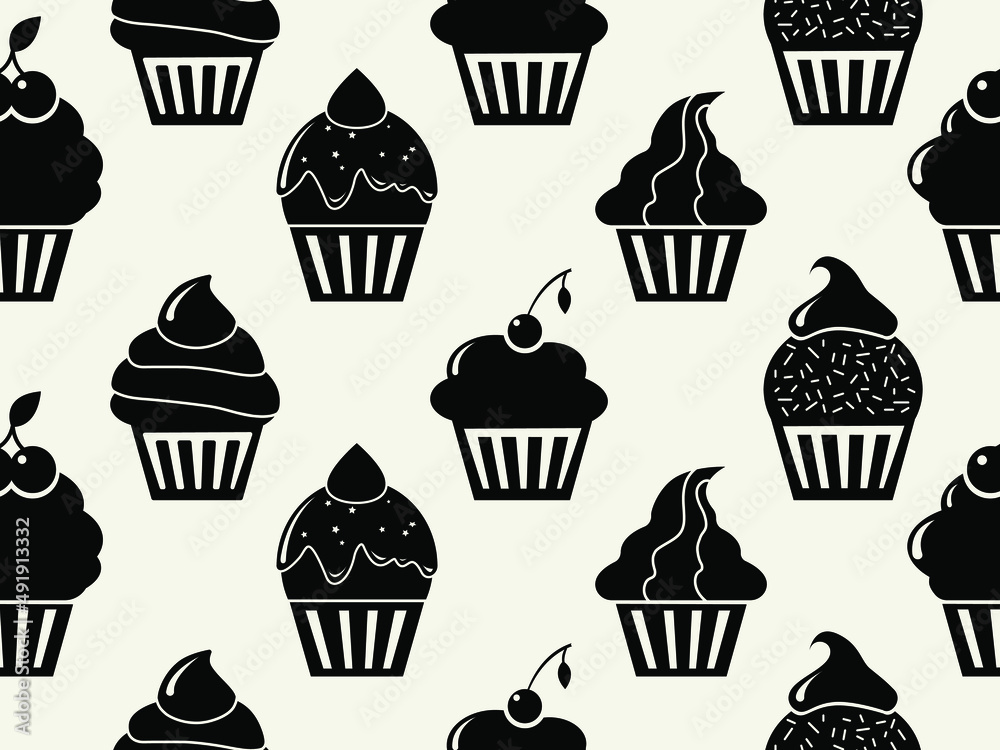 Vector seamless pattern with cupcakes. Black and white background with ordered cupcake silhouettes. Vector seamless pattern with cupcakes. Black and white background with ordered cupcake silhouettes.