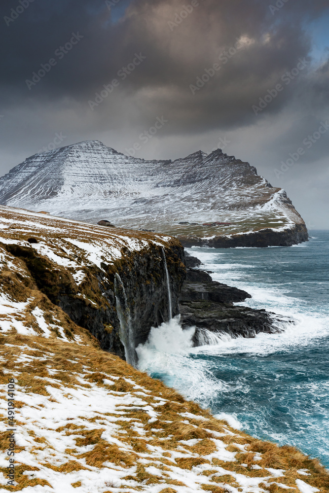 Faroe Islands, Denmark, waterfalls and stormy weather in Vidareidi