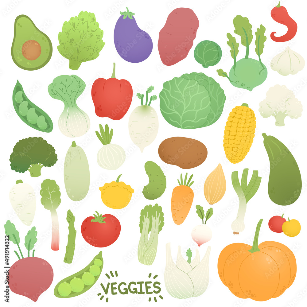 Veggies set vector, vegetables in flat design Veggies set vector, vegetables in flat design