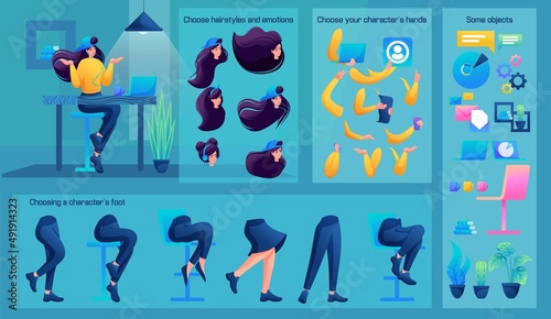 Stylized Business Character, Programmer. Set for Animation. Use Separate Body Parts to Create An Animated Character. Set of Emotions, Hairstyles, Hands and Feet