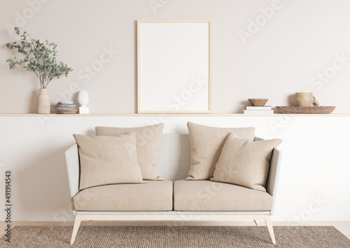 Vertical 8x10 Frame mockup. Vertical wood frame on a wooden wall with plant in a vase and sofa. 3d rendering.
