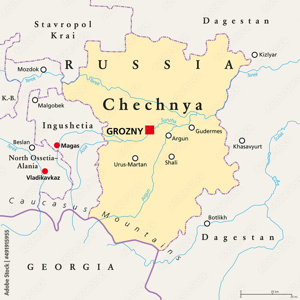 Chechnya, political map, with capital Grozny and borders. Chechen Republic, a republic of Russia, and part of North Caucasus Federal District, situated in the North Caucasus of Eastern Europe. Vector.