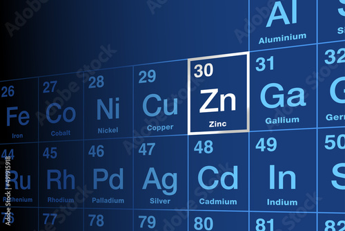 Zinc on periodic table of the elements, with symbol Zn from German word Zinke, with atomic number 30. Slightly brittle metal and an essential mineral, necessary for prenatal and postnatal development.