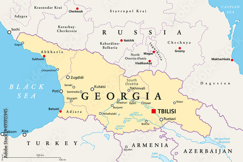 Georgia, political map, with capital Tbilisi, and international borders. Republic and transcontinental country in Eurasia, located south of the North Caucasus Federal District of Russia. Illustration.