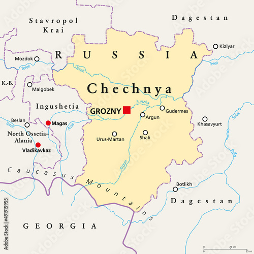 Chechnya, political map, with capital Grozny and borders. Chechen Republic, a republic of Russia, and part of North Caucasus Federal District, situated in the North Caucasus of Eastern Europe. Vector.