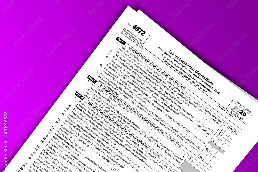 Form 4972 documentation published IRS USA 43961. American tax document on colored Form 4972 documentation published IRS USA 43961. American tax document on colored