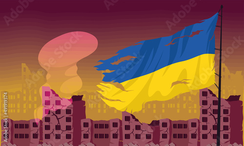 Ukraine flag on the city destroyed