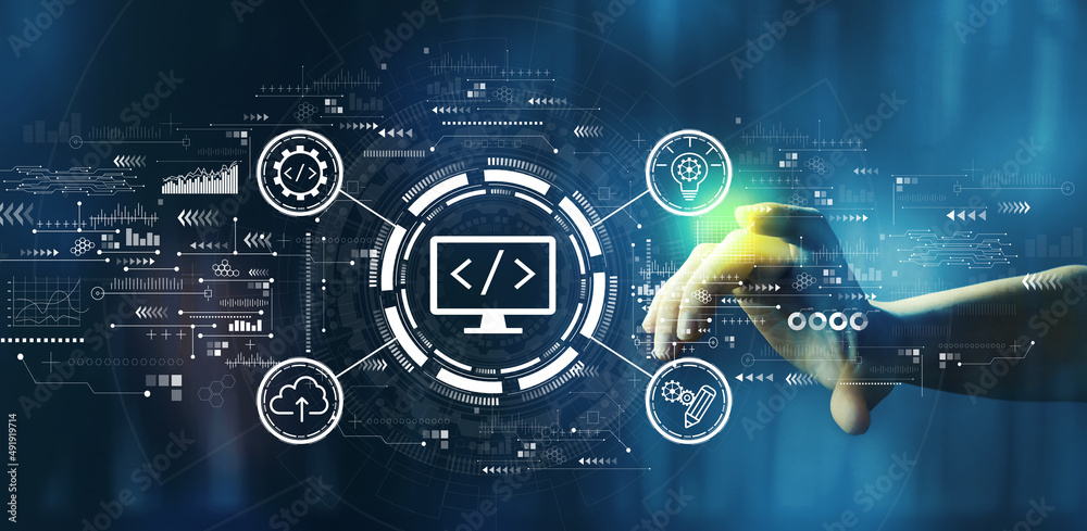 Web development concept with hand pressing a button on a technology screen Web development concept with hand pressing a button on a technology screen
