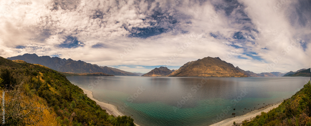 Lake Wakatipu panorama from the Jacks Point track. From the Remarkables mountain range on the left and looking across  towards Glenorchy on the extreme right