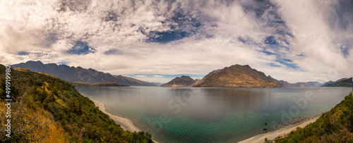 Lake Wakatipu panorama from the Jacks Point track. From the Remarkables mountain range on the left and looking across towards Glenorchy on the extreme right