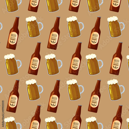 Seamless background beer bottle and jar concept illustration drink and food template