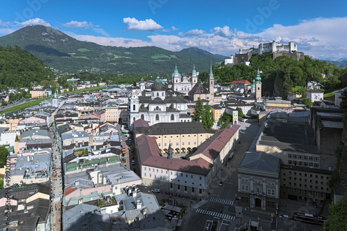 View over Salzburg Old Town from observation point at Monchsberg mountain, Austria photo