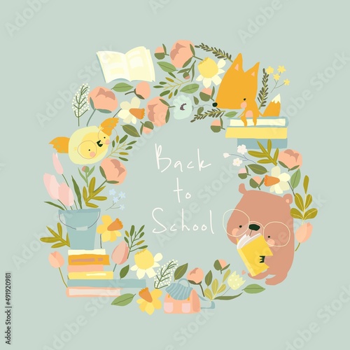 Cute Cartoon Wreath with Animals reading Books