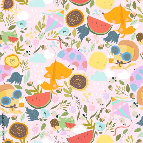Seamless Pattern with Cute Cartoon Animals meeting Summer