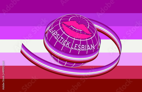 Lipstick lesbian subculture symbol. Vector illustration. The ground, painted in the colors of the flag, is wrapped in a ribbon with the official flag of the LGBT community.
