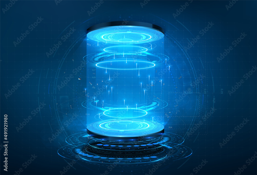 Futuristic or magic portal with glow effect. Blank display, stage or podium for show product in futuristic cyberpunk style.  Circle Sci-fi elements with light and lights. Vector illustration